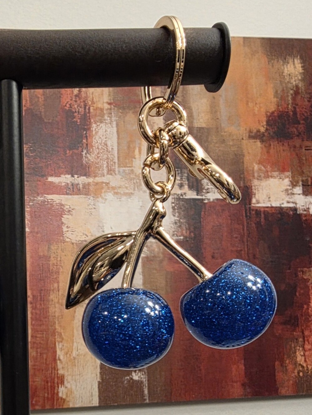 Sparkling Blue Cherry Bag Charm Keychain - Goldtone Hardware